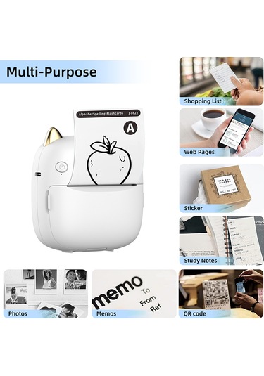 Yunboo C23 Beyaz Bluetooth Isı Etiket Yazıcı - Fotoğraf, Not, Defter, Fatura Basımı - 6 Adet Isı Kağıdı + 5 Adet Yapışkan Kağıt - Dahili Lityum Pil