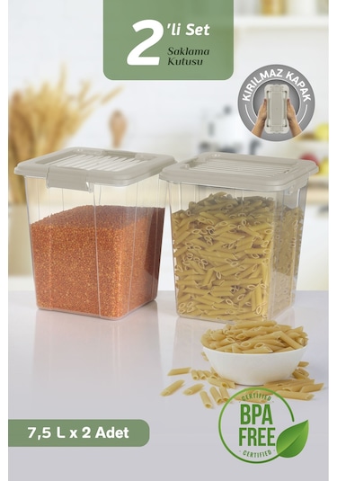2'li Organizer Box 7,5l Un Bakliyat Erzak Kabı Kilit Kapaklı Düzenleyici Deterjanlık Saklama Kutusu Bej