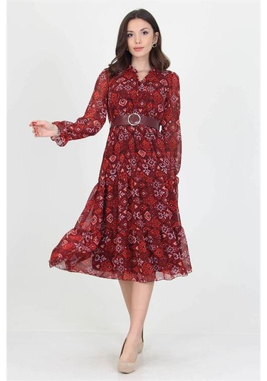Neşeli Butik Kadın Kemerli Yakası Bağlama Detaylı Desenli Şifon Elbise Rssn02 Bordo