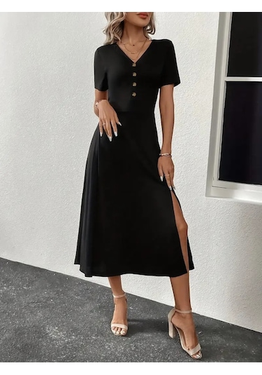 Kadın Kısa Kollu V Yakalı Önden Düğmeli Yırtmaçlı Midi Viskon Elbise Siyah
