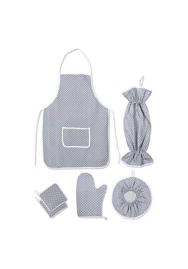 6 Parça Mutfak Seti & Mutfak Önlüğü , Fırın Eldiveni , 2li Tutacak , Organizer Poşetlik , Demlematikgri Puantiye