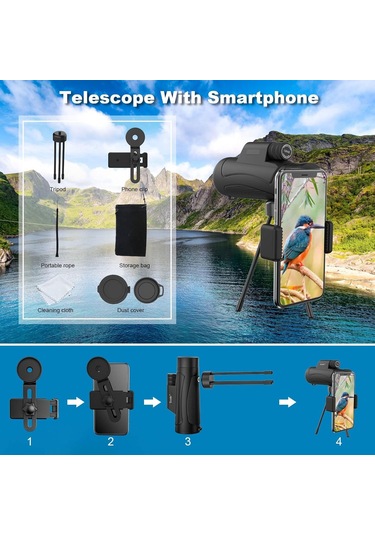 Yetişkinler İçin Akıllı Telefon Tutucu Tripodlu 10x42 Monoküler Teleskop, Hd Bak4 Prısm