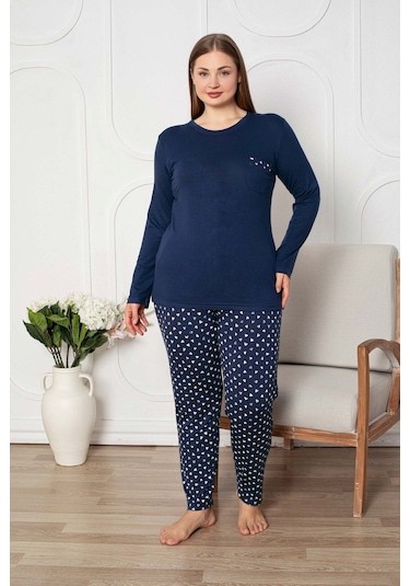 Kadın Bisiklet Yaka Düğmesiz Dökümlü Viskon Mevsimlik Uzun Kol Cepli Pijama Takımı Lacivert-beyaz