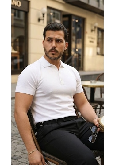 Defymoda Erkek Düğme Yakalı Kısa Kollu Pamuk Triko Tişört Beyaz
