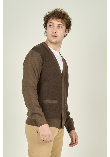 Ateş Triko Erkek Cep Detaylı V Yaka Yün Hırka 4490 Vizon Vizon