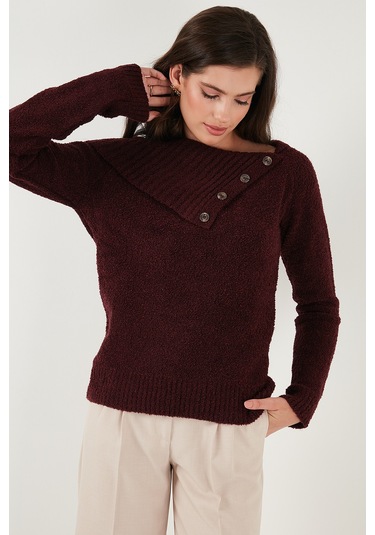 Lela Premium Regular Fit Kayık Yaka Düğme Detaylı Bayan Kazak 680Kz002563 Bordo