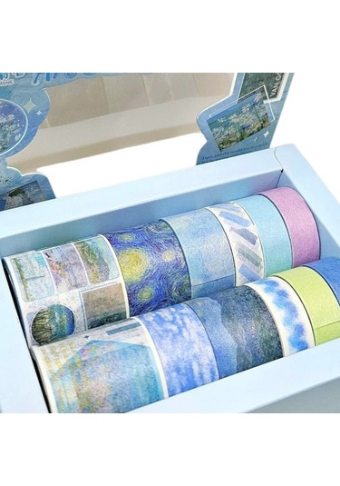 Art Vintage Washi Tape Bant Yapışkanlı Maskeleme Kağıdı Desenli Bant 12'li - Mavi Van Gogh Tabloları 1