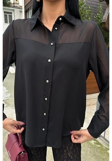 Transparan Detaylı Dökümlü Gömlek 3427 Si Yah Siyah