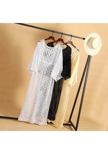 Bohem Uzun Kollu Sarong Oymalı Plaj Elbisesi Siyah