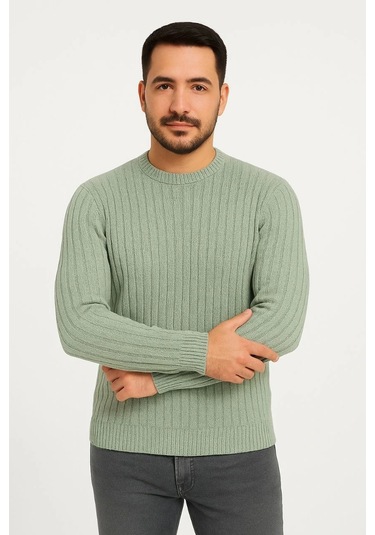 Erkek Bisiklet Yuvarlak Yaka Triko Kazak Pamuklu Kalın Fitilli Dokuma, Regular Fit Uzun Kollu Kışlık Mint Yeşili