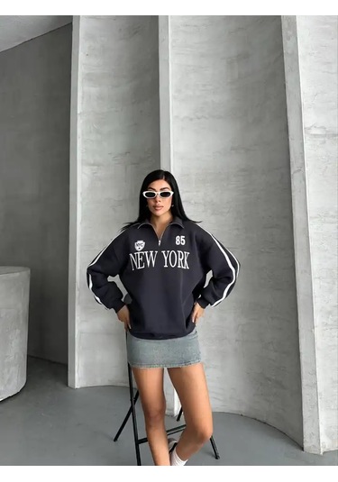 Yarım Fermuarlı Newyork Yazılı Sweat Antrasit