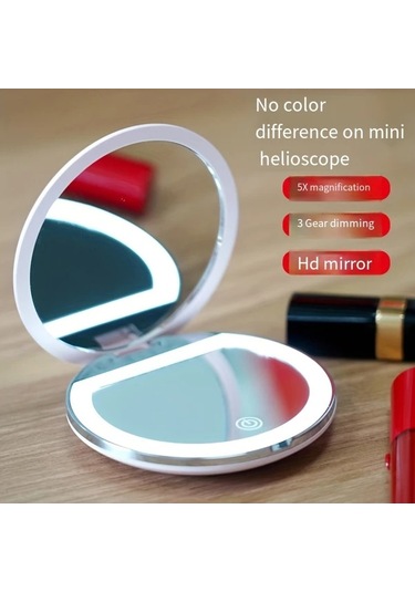 Brightnova Taşınabilir Led Seyahat Makyaj Aynası Green5x Çift Taraflı Katlanır 2x 5x Büyütmeli Cep Çanta Boy Ahşap