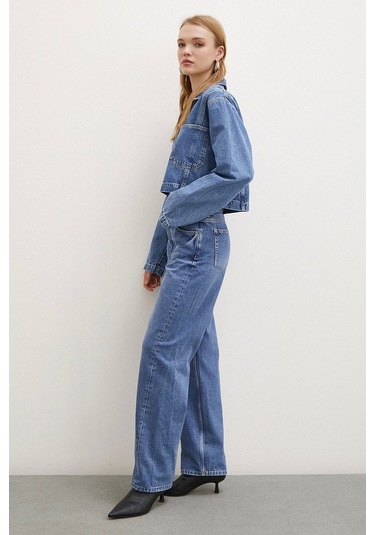 Never More Yüksek Bel Düğme Kapamalı Mom Jean Mavi Mavi