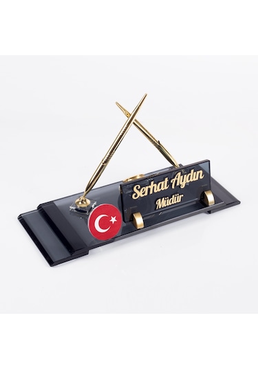 Ofistike Türk Bayraklı Logolu Elit Kristal Ofis Masaüstü İsimlik