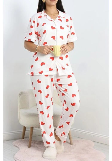 Seka Poliviskon Büyük Beden Düğmeli Pijama Takımı Beyazkalp - 50605.1961. Çok Renkli