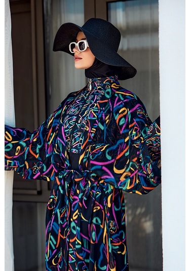 Remsa Tesettür Mayo Üzerine Tek Kaftan Kimono Pareo Siyah04 Rp035 Yağmur Lacivert