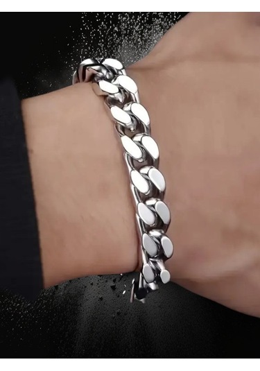 Çelik Bileklik Kalın Örgü Zincir Model 10 Mm Uzunluk 21 Cm Gümüş Silver Gümüş