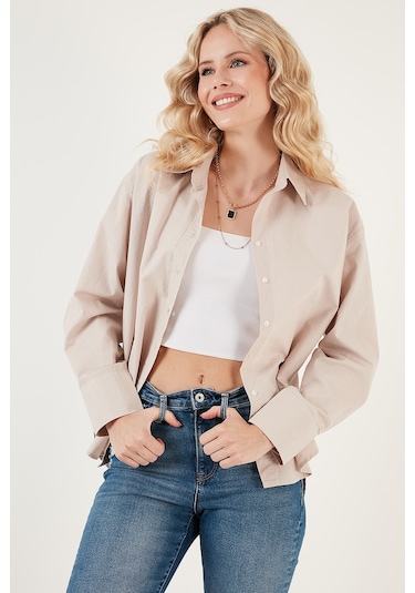Lela Oversize % 100 Pamuk Poplin Bayan Gömlek Cf21S163867 Taş