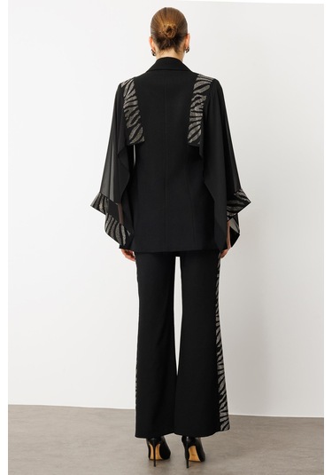 Moda İlgi Kadın Şifon Pelerin Detaylı Taş İşlemeli Ceket 0065 Siyah Siyah