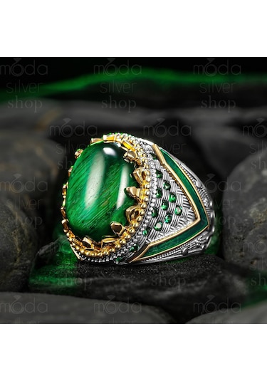 925 Ayar Gümüş Yeşil Kaptan Gözü Taşlı Mineli Erkek Yüzük Gümüş