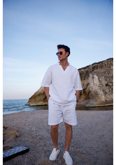 Beyaz Renk V Yaka Gömlek Şort Erkek Yıkamalı Keten Takım-1740 Beyaz