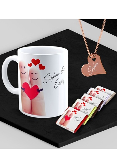 Kişiye Özel Sevgililer Temalı Kupa Madlen Çikolata Ve Rose Kalp Kolye Set - 87