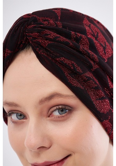 Bordo Simli Büzgülü Tesettür Bone Jakar Çiçek Desenli 2317 16 Bordo