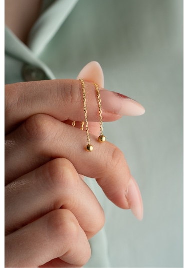 Nereze 925 Ayar Gümüş Gold Kaplama Minik Toplu Zincir Küpe