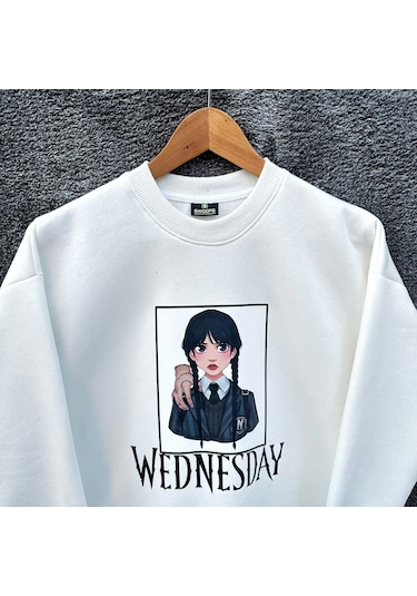 Wednesday Oversize Baskılı Pamuklu  Uzun  Kollu Bisiklet Yaka Sweatshirt Ekru