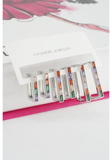 Kadın Vip Seri Mix Renkli Baget Zirkon Taşlı 6'lı Küpe Seti - Gümüş