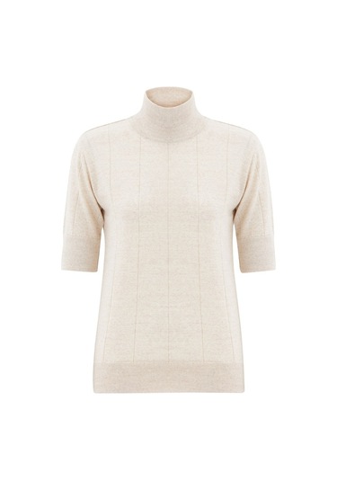 Peraluna Balıkçı Yaka Kısa Kollu İnce Basic Kadın Triko Bluz Ekru-Ekru