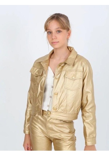 Kız Çocuk Gold Deri Ceket-14817 Altın