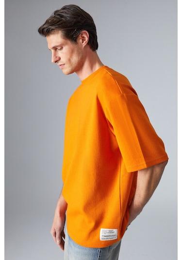 JOEL Erkek %100 Organik Pamuklu Kalın Kumaşlı Özel Dokulu Etiket Detaylı Oversize Turuncu T-Shirt