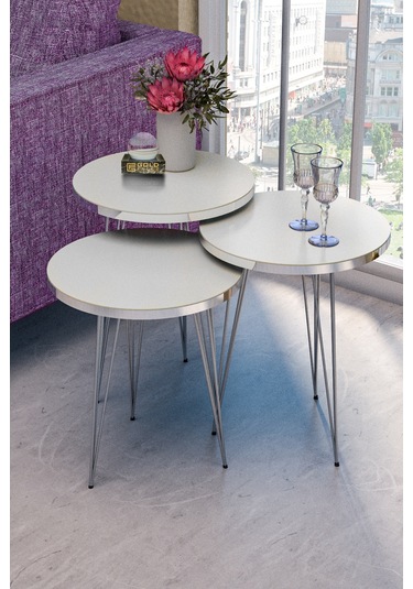 Zigon Sehpa Ve Orta Sehpa Elips Set Gümüş Beyaz Tel