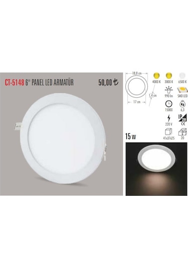 Cata Ct-5148 15 Watt Slim Led Panel Armatür %100 Alüminyum Kasa (470950448) Beyaz