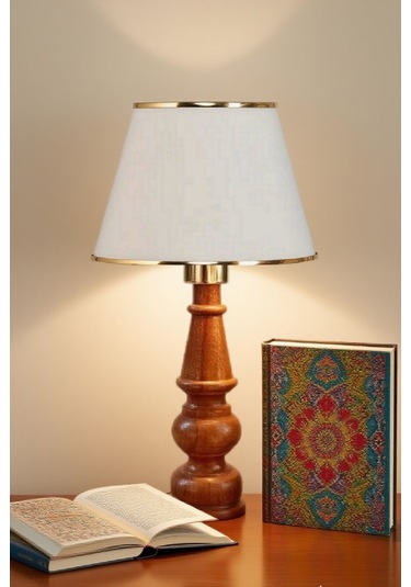 Ahşap Gövdeli Kumaş Başlıklı Dekoratif Abajur Masa Lambası Aydınlatma Lamba Krem