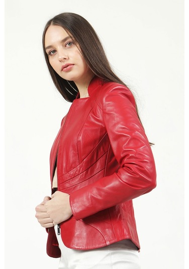 Dericlub Yb-2157 Gerçek Deri Kadın Mont Kırmızı