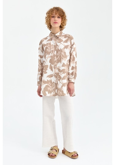 Yaprak Desenli Ferah Kumaş Pantolonlu Takım Bej Beyaz