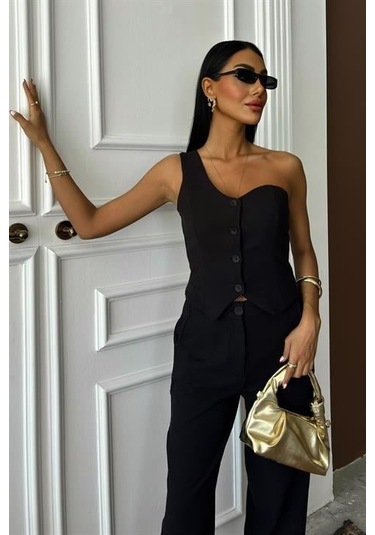 Tek Omuz Büstiyer Plazzo Pantolon Viscon Takım 10159 Si Yah