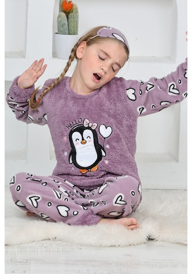 Kız Çocuk Peluş Kumaş-göz Bantlı Penguenli Pijama Takımı 12281 Lila