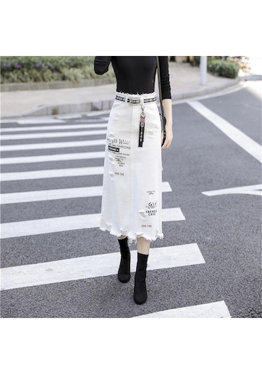 Kadın Ön Delik Kot Etek Yaz Uzun Etekler Yüksek Bel Kot Etek Artı Boyutu Beyaz