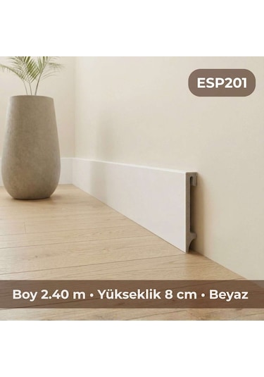 Espumo Kompozit Süpürgelik 8 cm Beyaz | Suya Dayanıklı Parke Duvar Süpürgelik 2,40 m ESP201