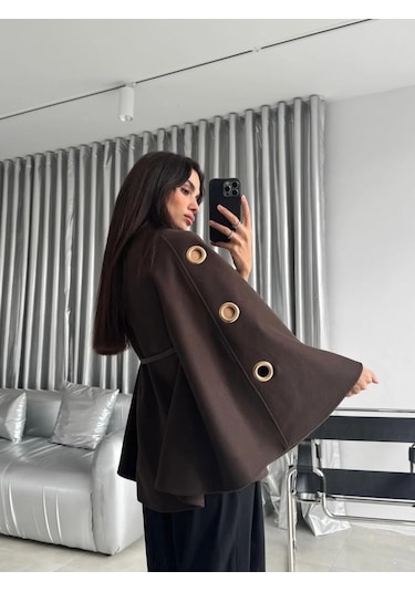 Cemo Kuşgözü Detaylı Kemerli Panço Kahve