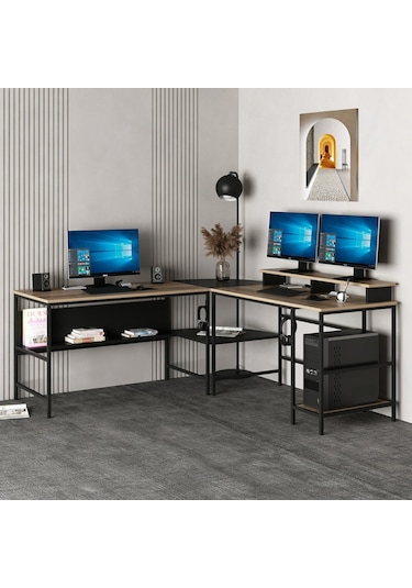 Minarmobilya Minar Greta L Köşe Çalışma Masası - Dore/Siyah Ceviz