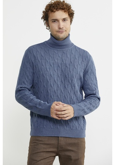 Tam Balıkçı Saç Örgü Triko Kazak - Indigo 001