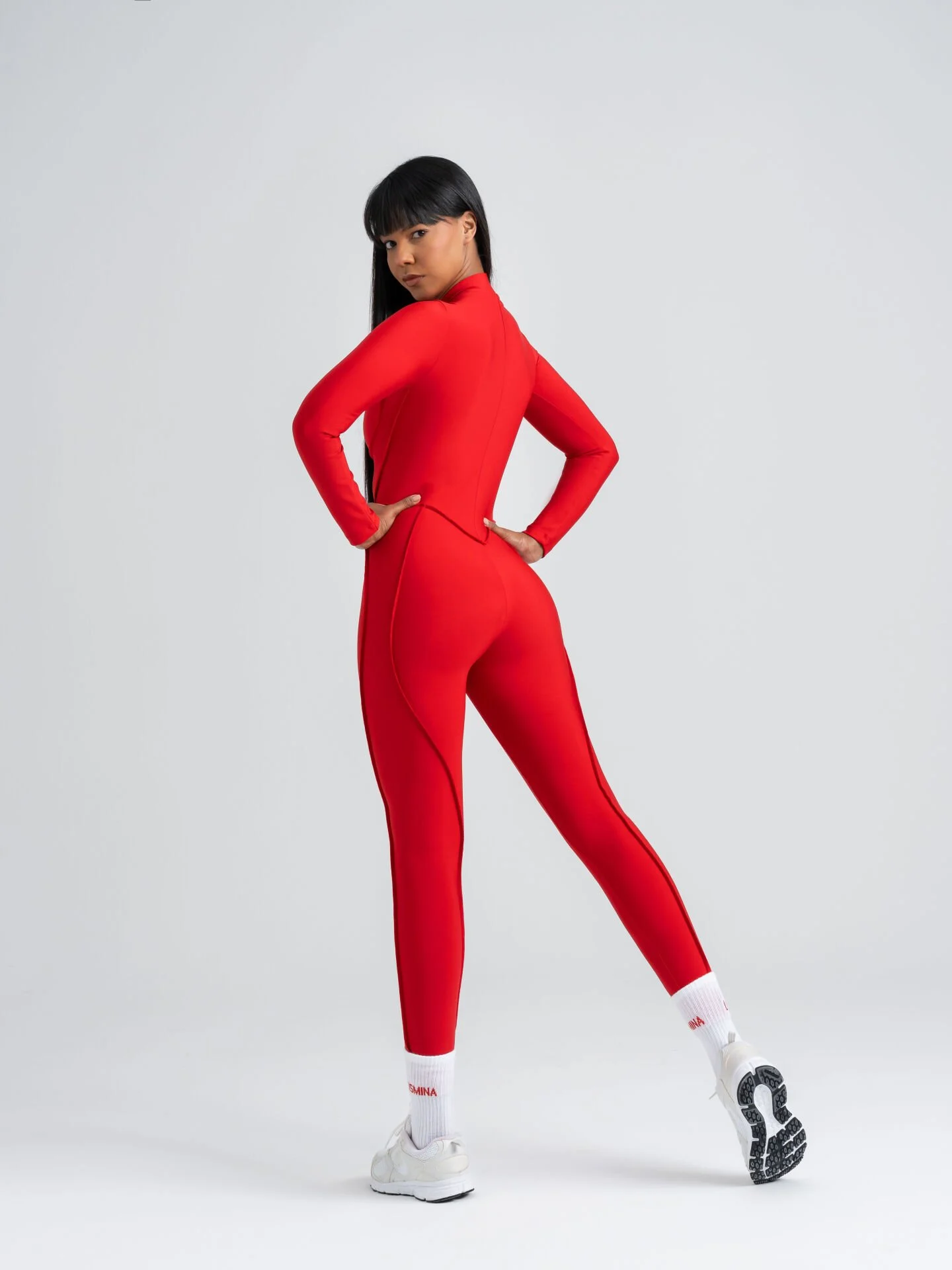 Dikişle Modellenmiş Spor Tayt Tulum Kırmızı