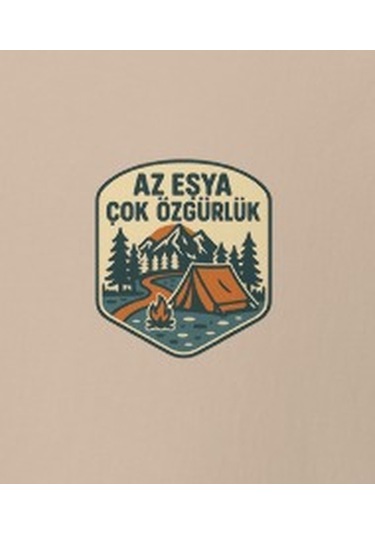 Wildstyle Az Eşya Çok Özgürlük Renkli Kamp Doğa Minimalist Baskılı Unisex Bisiklet Yaka Pamuklu Tişört Camel