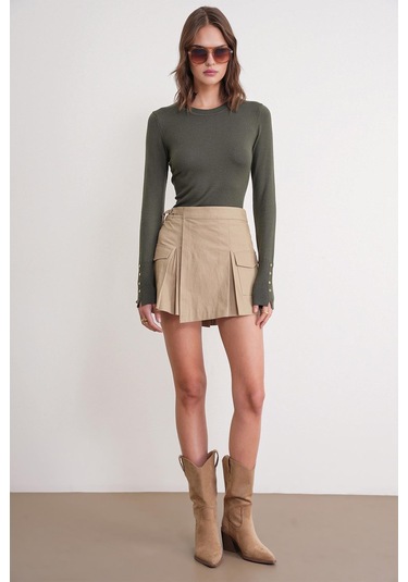 6736 Kadın Bisiklet Yaka Kolu Droplu Triko Kazak Haki Haki