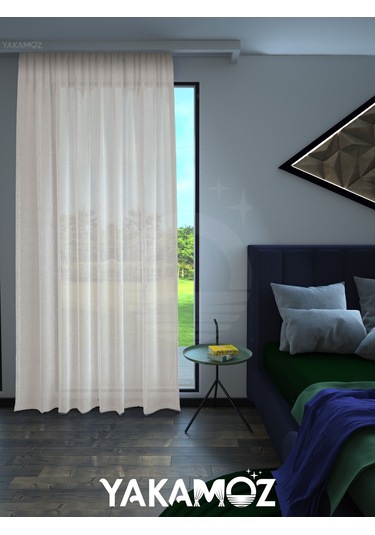 Ekru Renk Keten Görünümlü Ekstraforlu Tül Perde Linen Touch Serisi Ekru