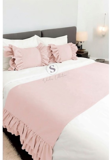 Yatak Runner & Iç Dolgulu Kırlent Seti Çift Kişilik Fırfırlı Toz Pembe Pembe
